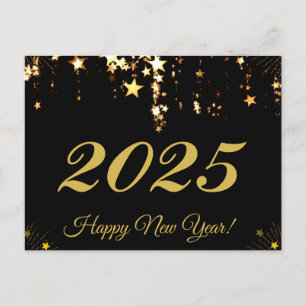 2025,Happy new year!gold stars & black background Holiday Postcard