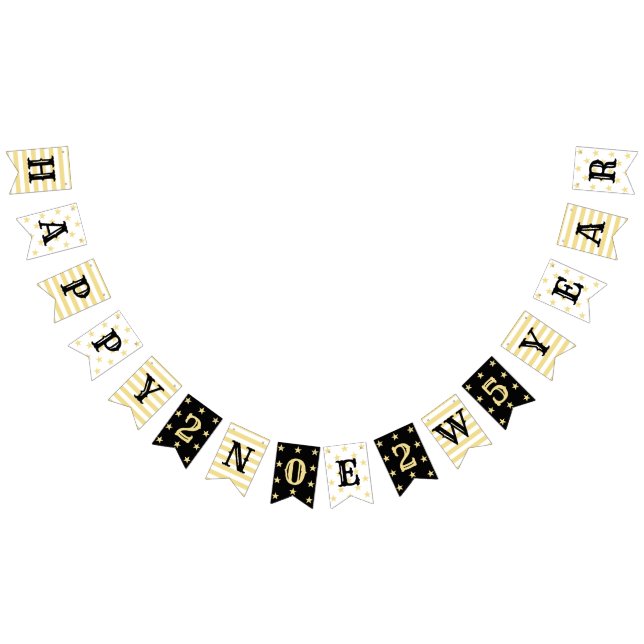 2025 Happy New Year Party Faux Gold Stars Stripes Bunting (All)