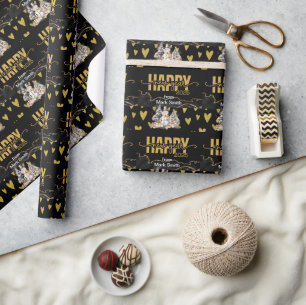 2025 Happy New Year with Golden Heart on Black Wrapping Paper
