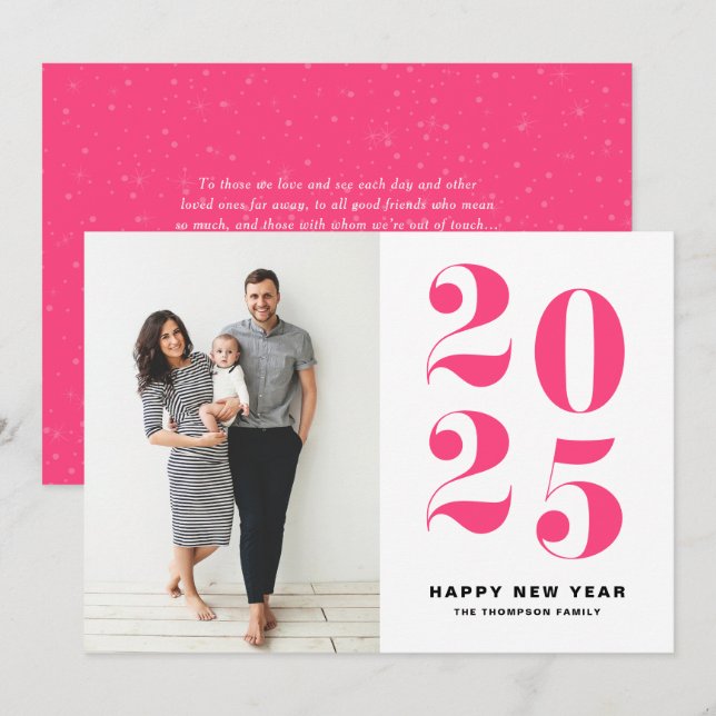 2025 Hot Pink Bold Typography New Year Photo Holiday Card (Front/Back)