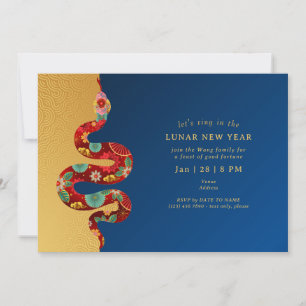 2025 Lunar New Year Of The Snake Blue Gold Modern Invitation