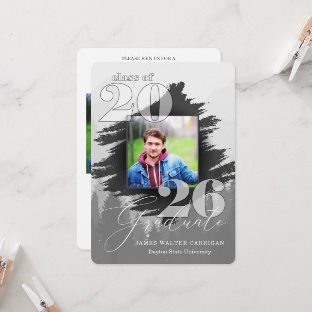 2025 Masculine Greyscale 2 Photo Graduation Invitation (Front/Back In Situ)