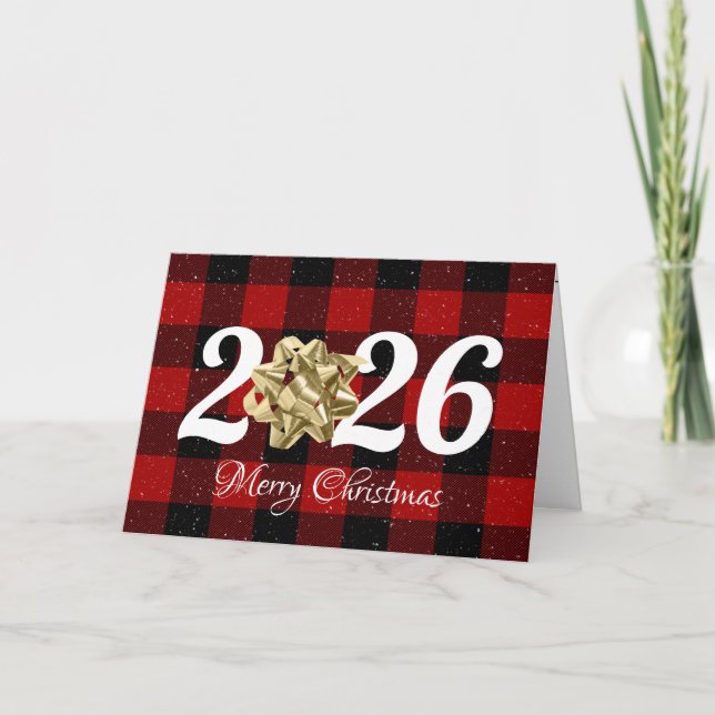 2025 Merry Christmas Bow on Plaid  Card (Front)