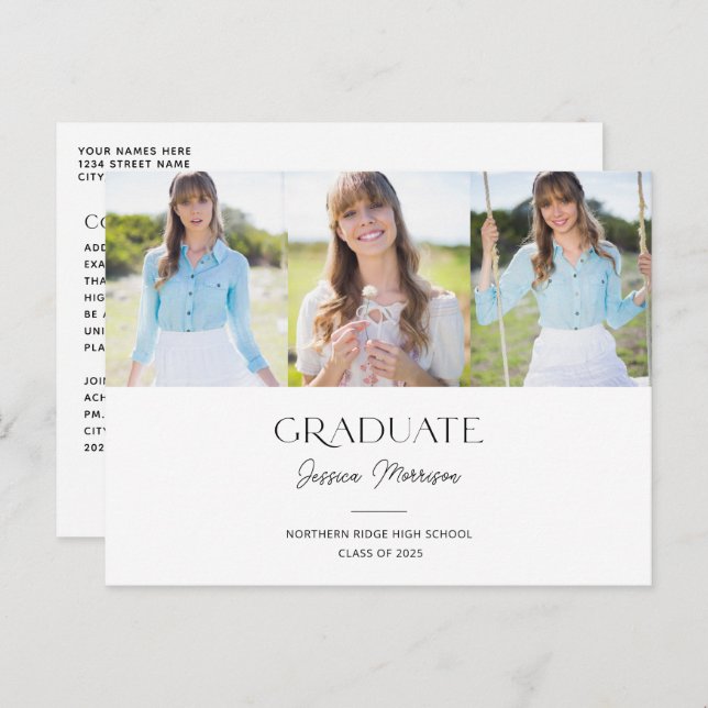 2025 Minimalist Black & White 3 Photos Graduation Postcard (Front/Back)