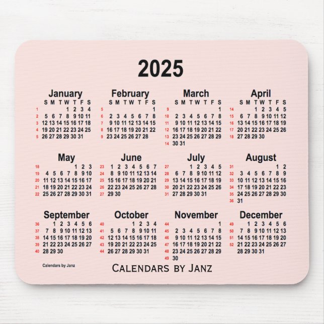 2025 Misty Rose 52 Weeks Calendar by Janz Mouse Mat (Front)