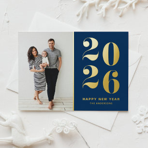 2025 Modern Bold Typography Blue Happy New Year Foil Holiday Card