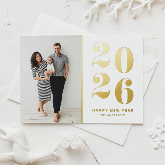 2025 Modern Bold Typography Happy New Year Photo Foil Holiday Card (Customizable photo Happy New Year card featuring 2026 in gold foil.)