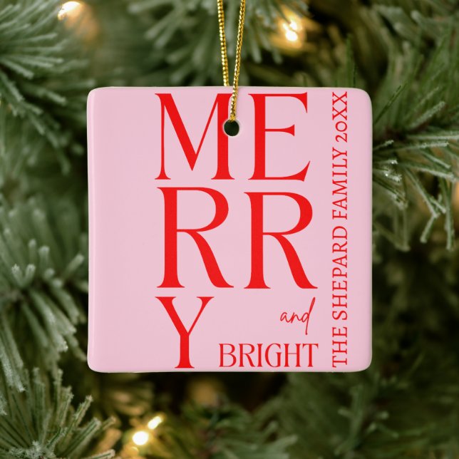 2025 Modern Merry and Bright Red Pink Christmas Ceramic Ornament (Tree)