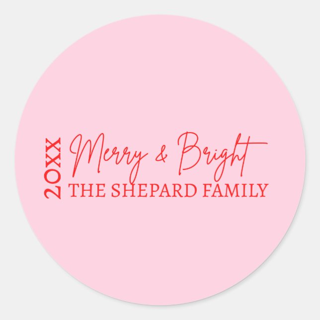 2025 Modern Merry and Bright Red Pink Christmas Classic Round Sticker (Front)