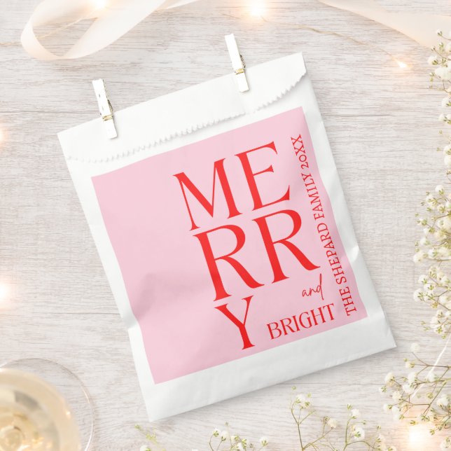2025 Modern Merry and Bright Red Pink Christmas Favour Bags (Clipped)
