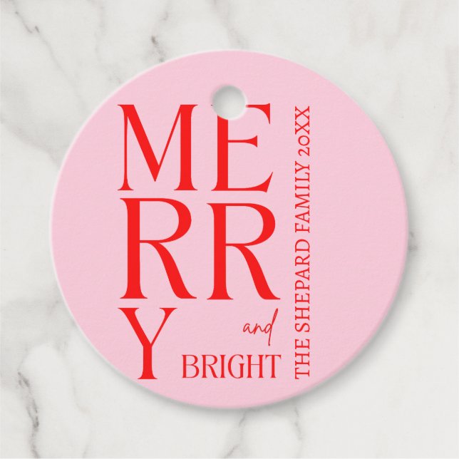 2025 Modern Merry and Bright Red Pink Christmas Favour Tags (Front)