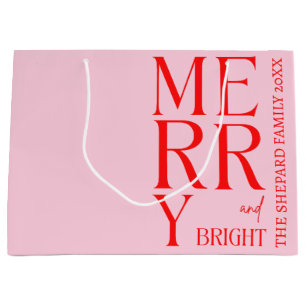 2025 Modern Merry and Bright Red Pink Christmas Large Gift Bag
