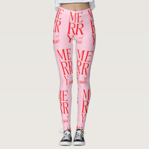 2025 Modern Merry and Bright Red Pink Christmas Leggings