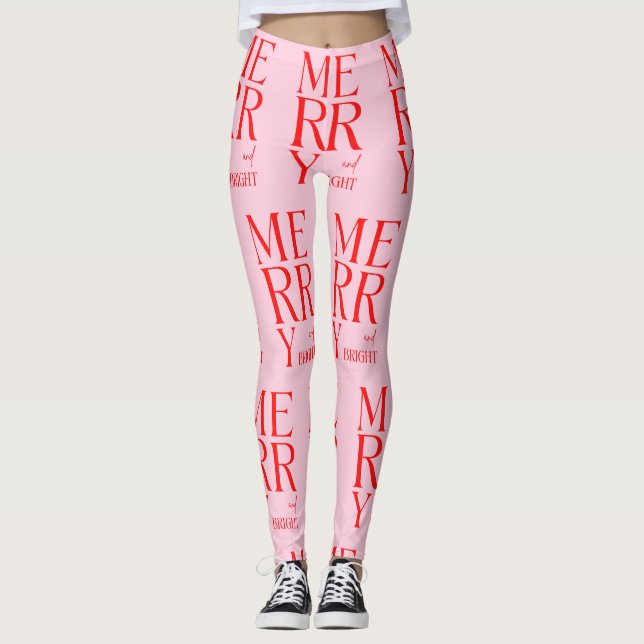 2025 Modern Merry and Bright Red Pink Christmas Leggings (Front)