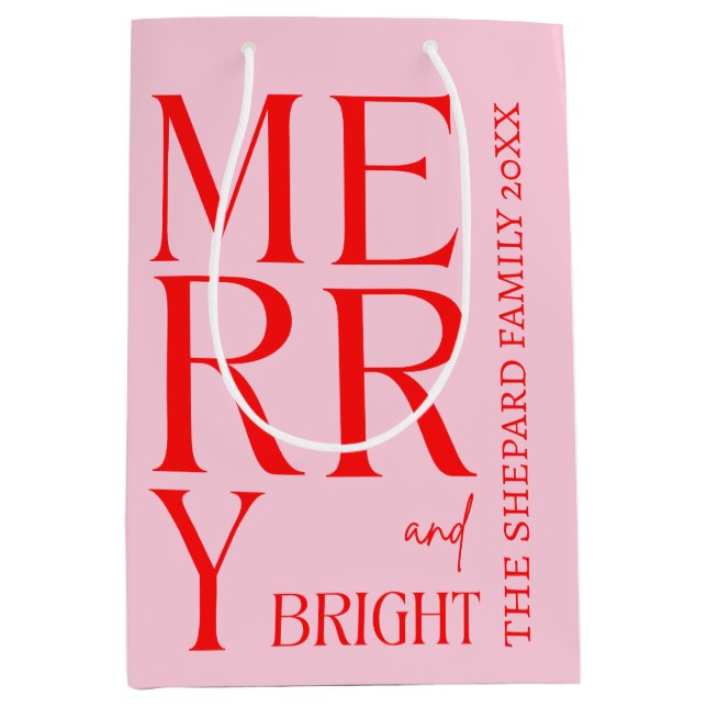 2025 Modern Merry and Bright Red Pink Christmas Medium Gift Bag (Front)