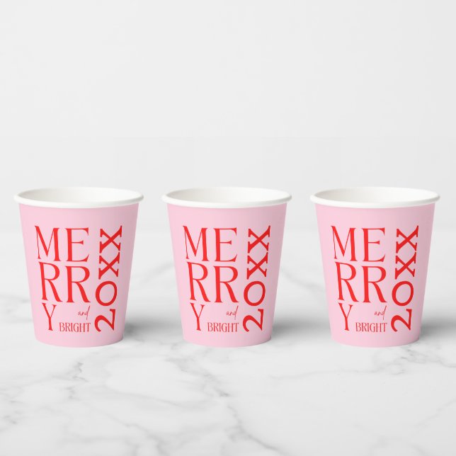 2025 Modern Merry and Bright Red Pink Christmas Paper Cups (Multi)