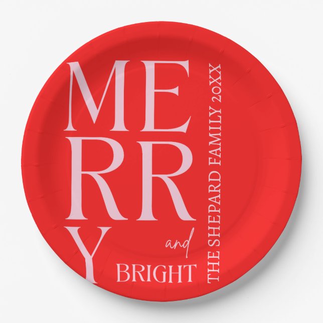2025 Modern Merry and Bright Red Pink Christmas Paper Plate (Front)