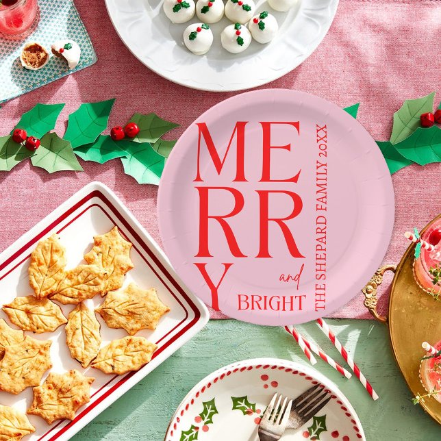 2025 Modern Merry and Bright Red Pink Christmas Paper Plate (Creator Uploaded)