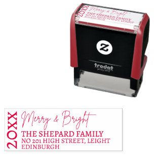 2025 Modern Merry and Bright Red Pink Christmas Self-inking Stamp