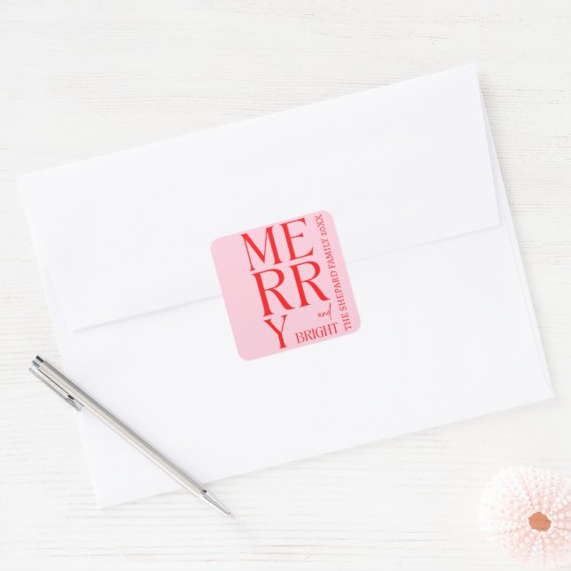 2025 Modern Merry and Bright Red Pink Christmas Square Sticker (Envelope)
