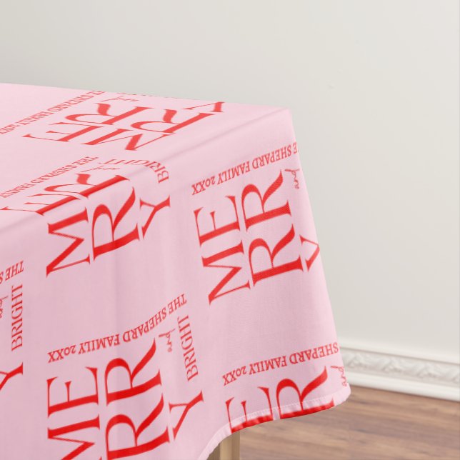 2025 Modern Merry and Bright Red Pink Christmas Tablecloth (In Situ)