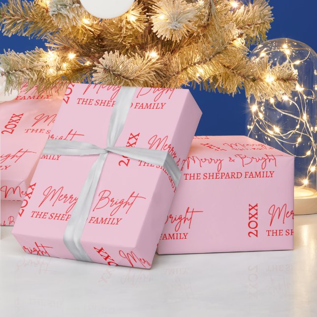 2025 Modern Merry and Bright Red Pink Christmas Wrapping Paper (Holidays)
