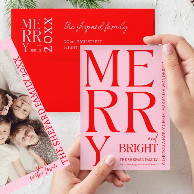 2025 Modern Merry Bright Red Pink Christmas Photo Invitation (Creator Uploaded)