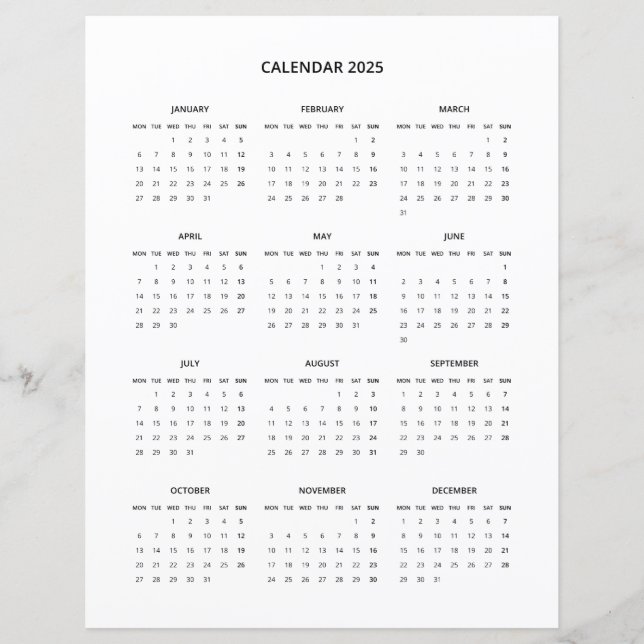 2025 Modern Minimalist Printable Calendar in Black (Front)