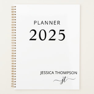 2025 Modern White Black Simple Monogram Name Planner
