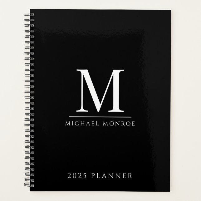 2025 Monogrammed Minimalist Gold Black Modern  Planner (Front)