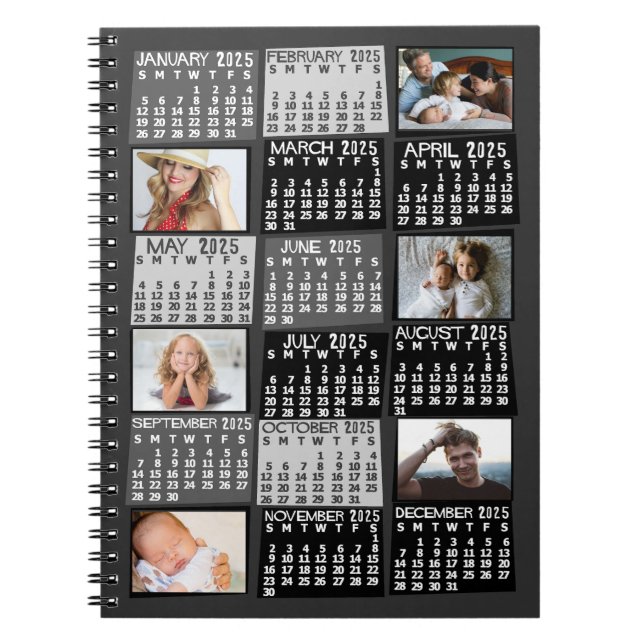 2025 Monthly Calendar Black Mod 6 Photo Collage Notebook (Front)