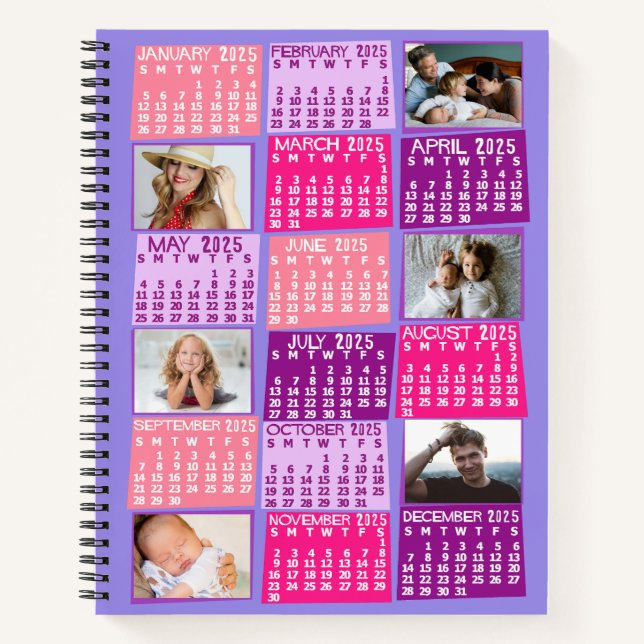 2025 Monthly Calendar Cute Mod 12 Photo Collage Notebook (Front)
