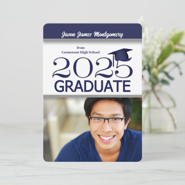 2025 Navy Blue and White Photo Graduation Invitation (Standing Front)