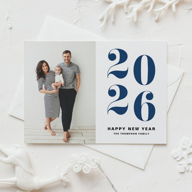 2025 Navy Blue Bold Typography New Year Photo Holiday Card (Ring in 2026 with this navy blue Happy New Year Photo Card featuring retro bold typography.)