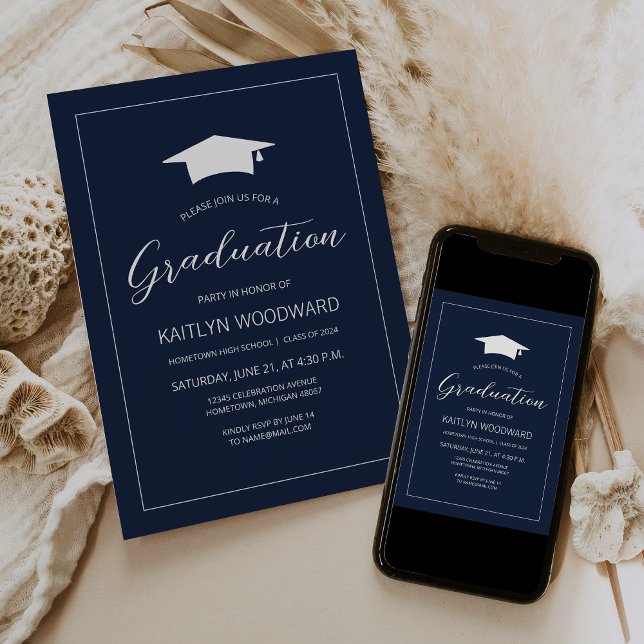 2025 Navy Blue White Cap Modern Graduation Party Invitation (Creator Uploaded)