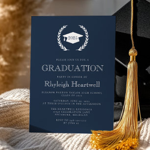 2025 Navy Blue White Laurel Wreath Cap Grad Party Invitation