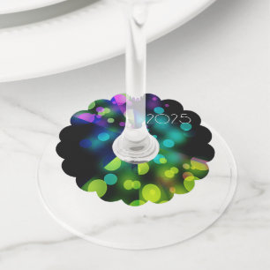 2025 new year with multicolored bubbles wine glass tag