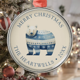 2025 Personalised Blue Polar Bear Merry Christmas Metal Tree Decoration