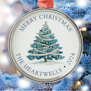 2025 Personalised Blue Watercolor Christmas Tree Metal Tree Decoration
