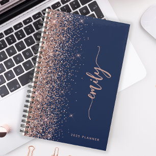 2025 Personalised Navy Blue Rose Gold Glitter Planner