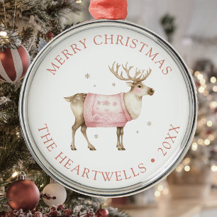 2025 Personalised Pink Reindeer Merry Christmas Metal Tree Decoration