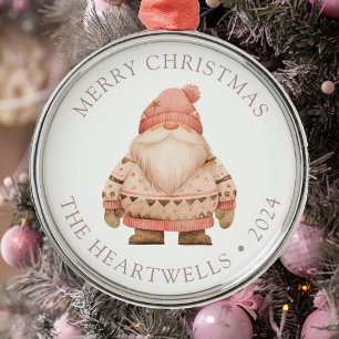 2025 Personalised Pink Santa Gnome Merry Christmas Metal Tree Decoration