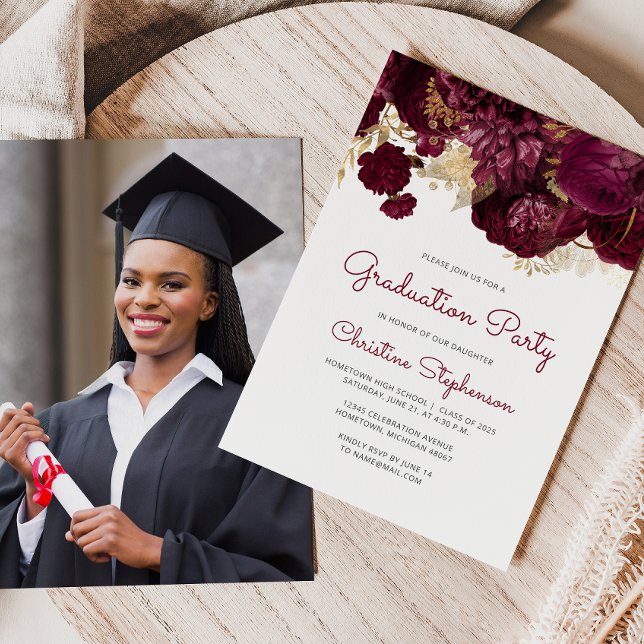 2025 Photo Burgundy Floral Graduation Party Invitation (Creator Uploaded)