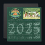 2025 Photo Calendar Camping Family Reunion Green<br><div class="desc">This magnetic 2025 calendar on a dark green background was designed for a camping theme Family Reunion. The template makes it easy to upload a custom photo and customise the text with your family name. The design features a vintage sunset illustration with tents in a pine tree forest near a...</div>