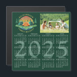 2025 Photo Calendar Camping Family Reunion Green<br><div class="desc">This magnetic 2025 calendar on a dark green background was designed for a camping theme Family Reunion. The template makes it easy to upload a custom photo and customise the text with your family name. The design features a vintage sunset illustration with tents in a pine tree forest near a...</div>