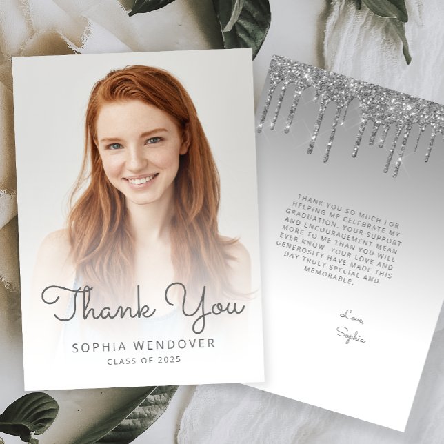 2025 Photo Silver Glitter Drip Graduation Thank You Card (Creator Uploaded)