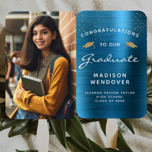2025 Photo Teal Blue Brushed Metal Graduation Hand Fan