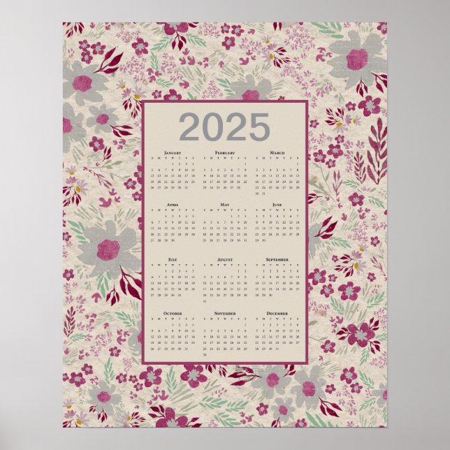 2025 Pink Grey Floral Pattern Calendar Poster (Front)