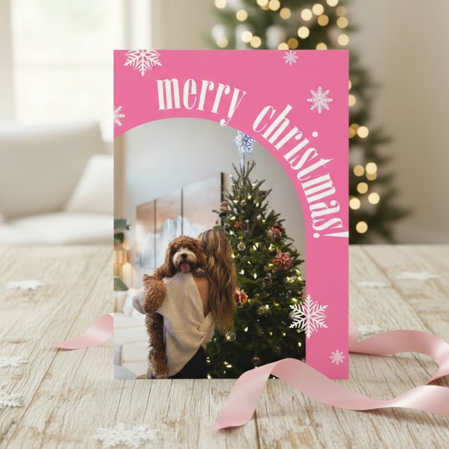 2025 Pink Retro Merry Christmas Glitter Photo Card (Creator Uploaded)