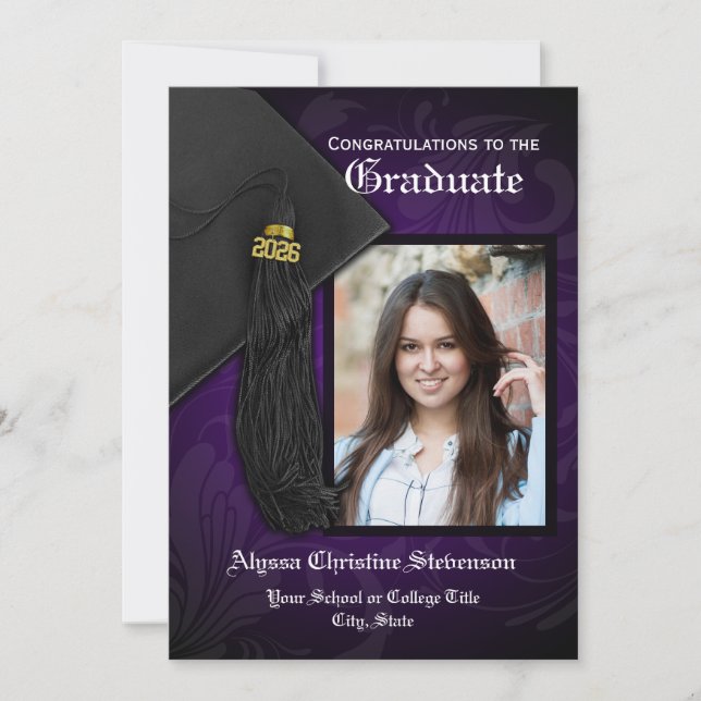 2025 Purple Black Tassel Charm Photo Graduation Invitation (Front)